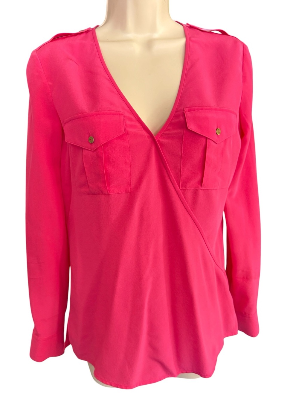 Trina Turk 100% silk faux wrap long sleeve pink blouse with pockets XS